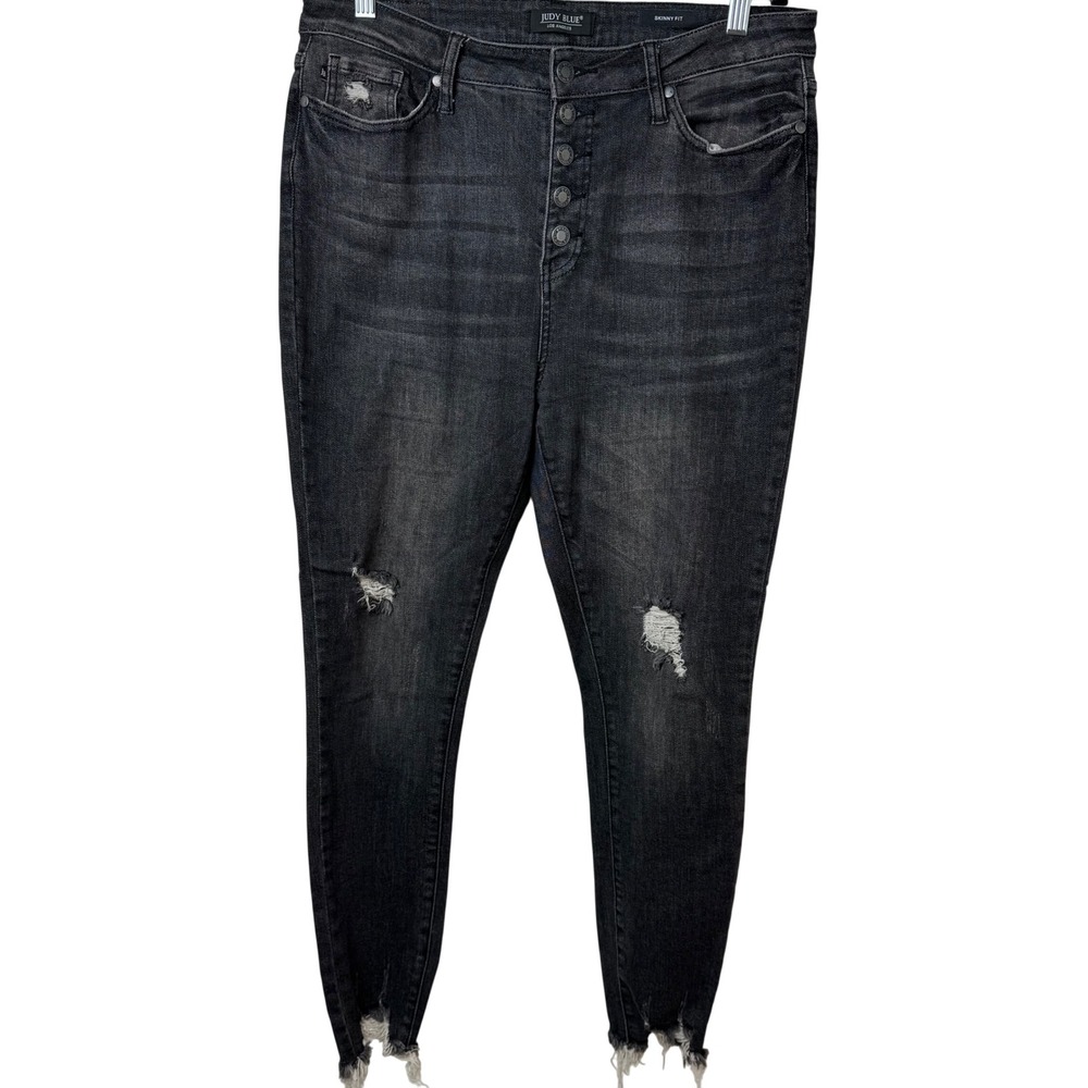 Judy Blue Skinny Fit Jeans Women 13 Black Grey Distressed Button Fly Frayed Hem